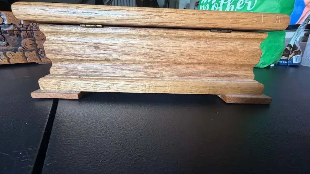 Vintage Wooden Jewelry Box with Rose Carving and Red Velvet Lining